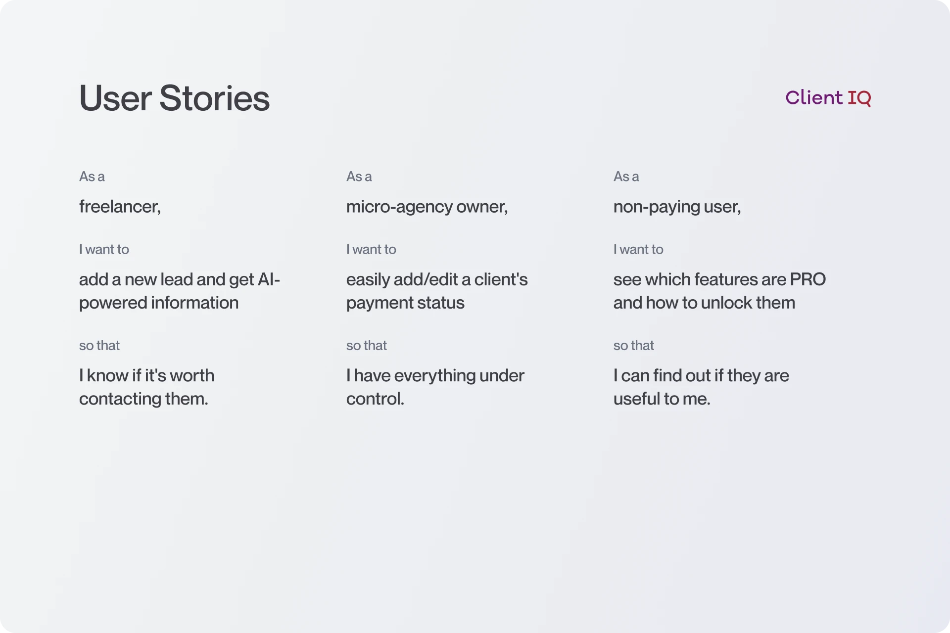 Client IQ - User Stories